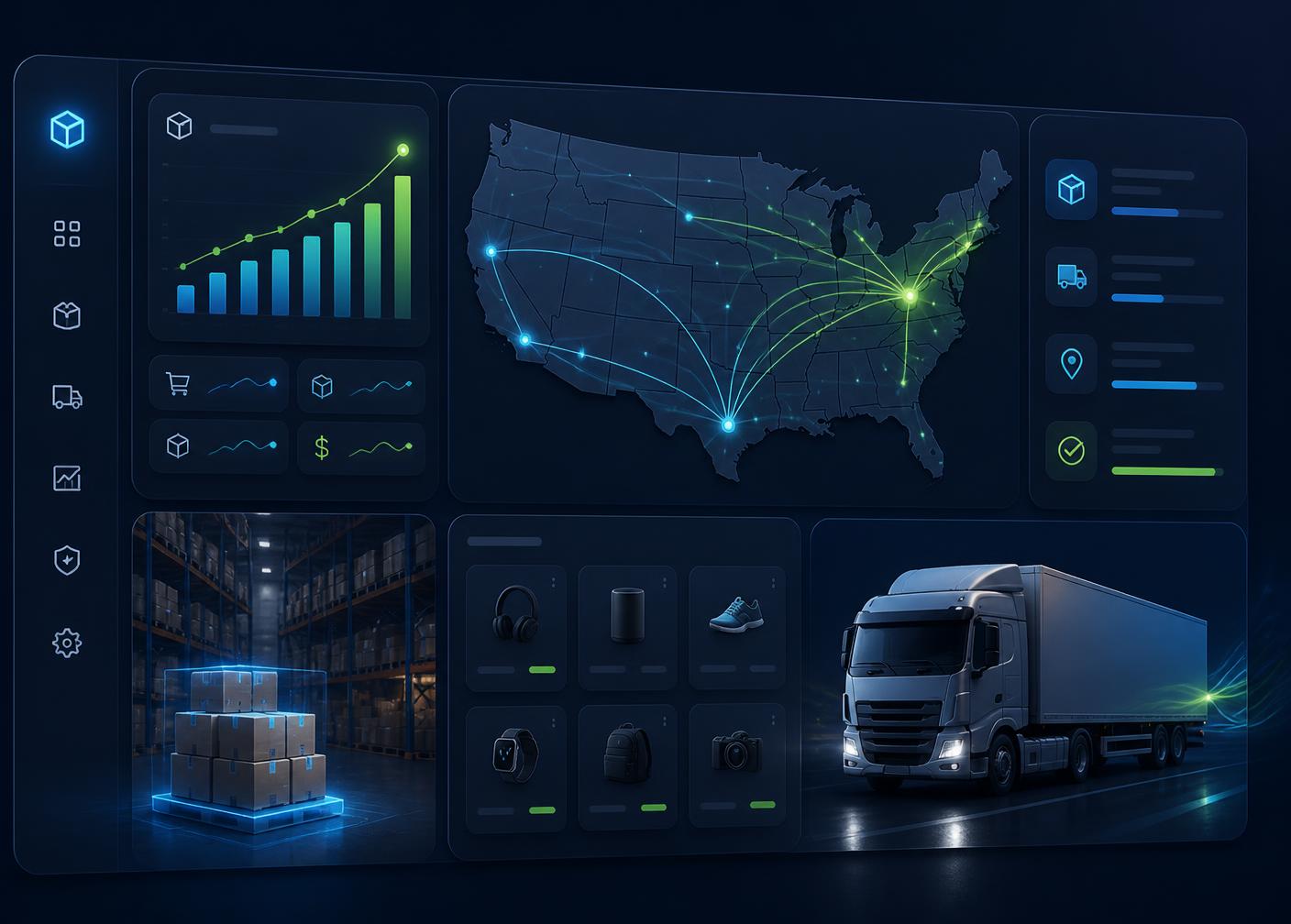 Spliceo Depot BD warehouse dashboard showing US shipping routes, live order analytics, and same-day fulfillment
